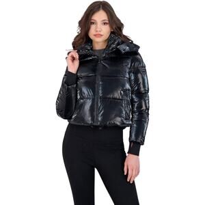 NWT BCBGMAXAZRIA Metallic Quilted Cropped Puffer Coat Hood Women's M Black